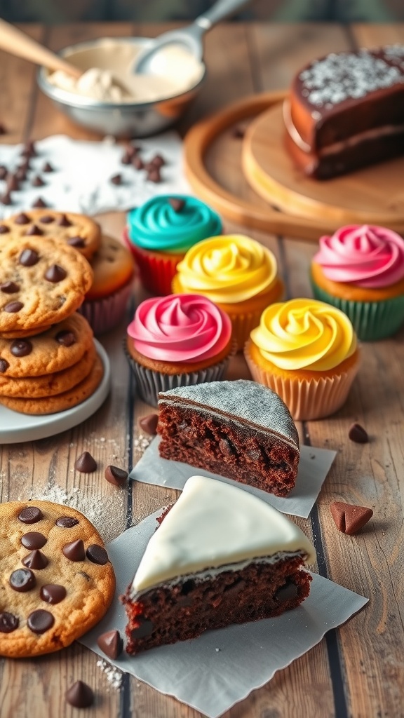 An assortment of baked goods including cookies, cupcakes, and chocolate cake on a wooden table.